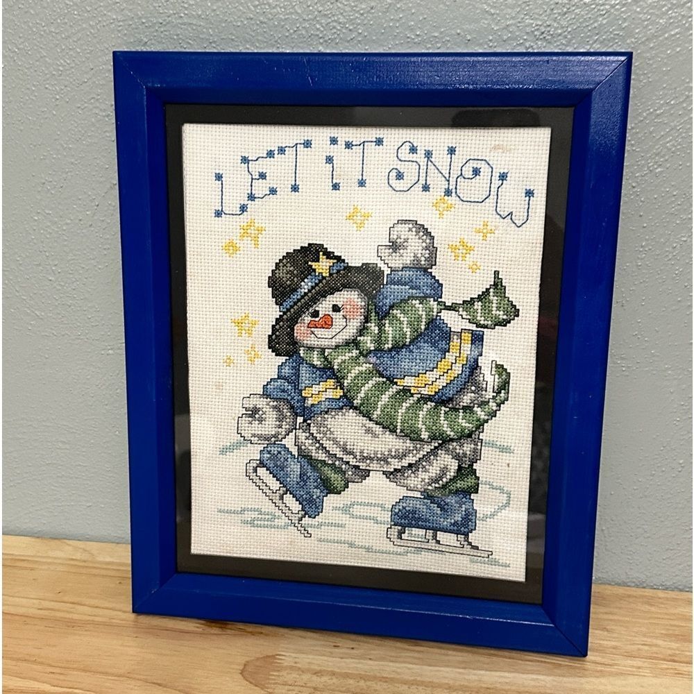 Vintage Framed Needlepoint Cottagecore Snowman Iceskating Let It Snow Winter ❄️